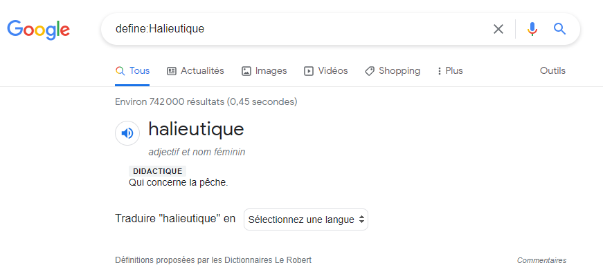 Mot-clé define sur Google