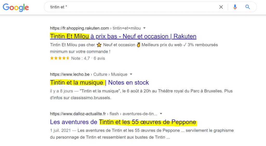 Emploi de l'astérisque sur Google